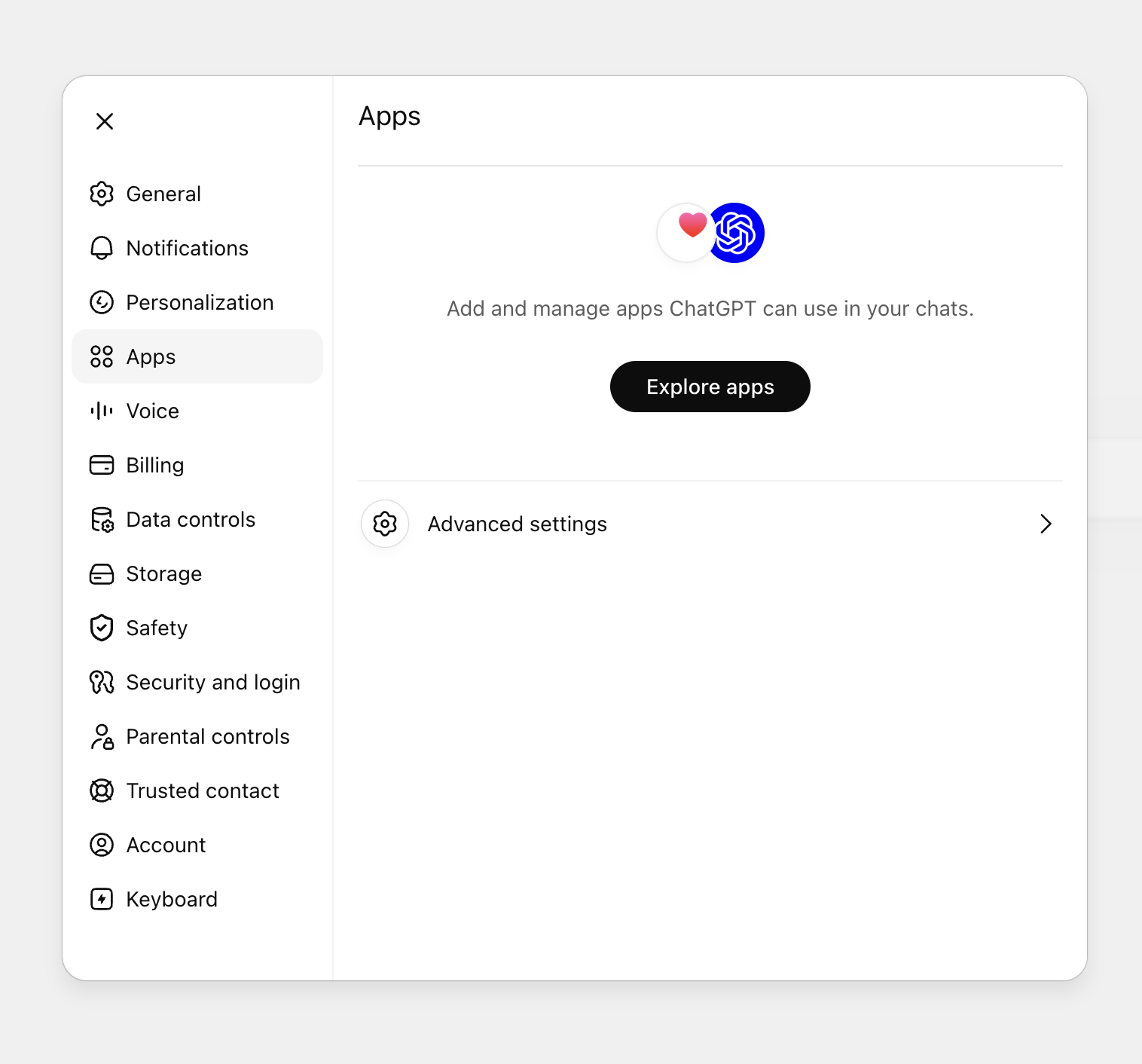 ChatGPT Settings with Apps tab selected