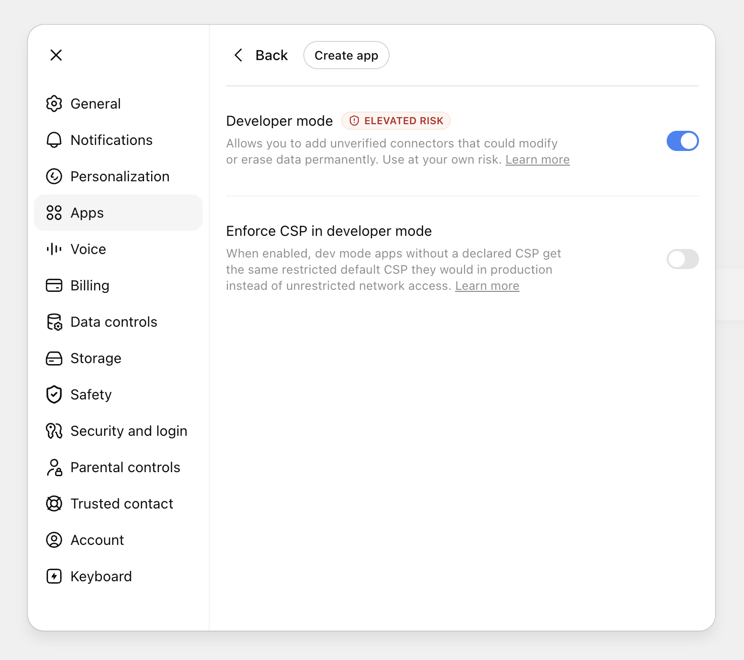 ChatGPT Advanced Apps with Developer mode toggle