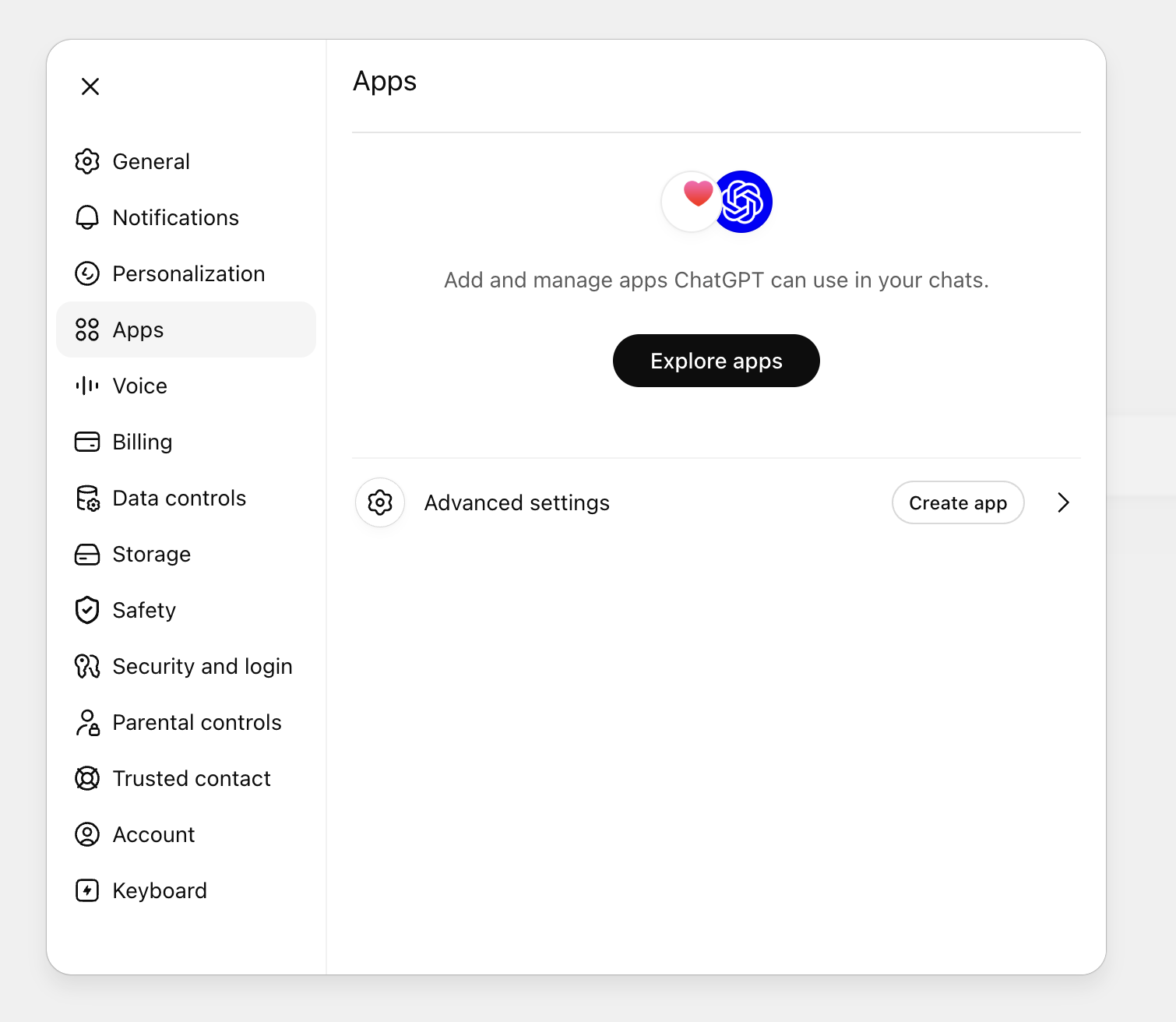 ChatGPT Apps screen with Create App button