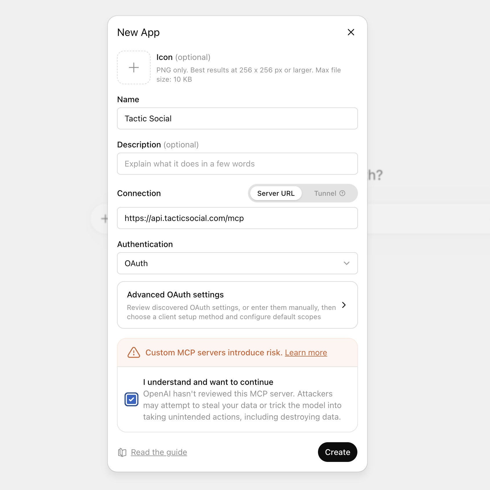 ChatGPT Create app dialog with Tactic Social MCP URL and OAuth selected
