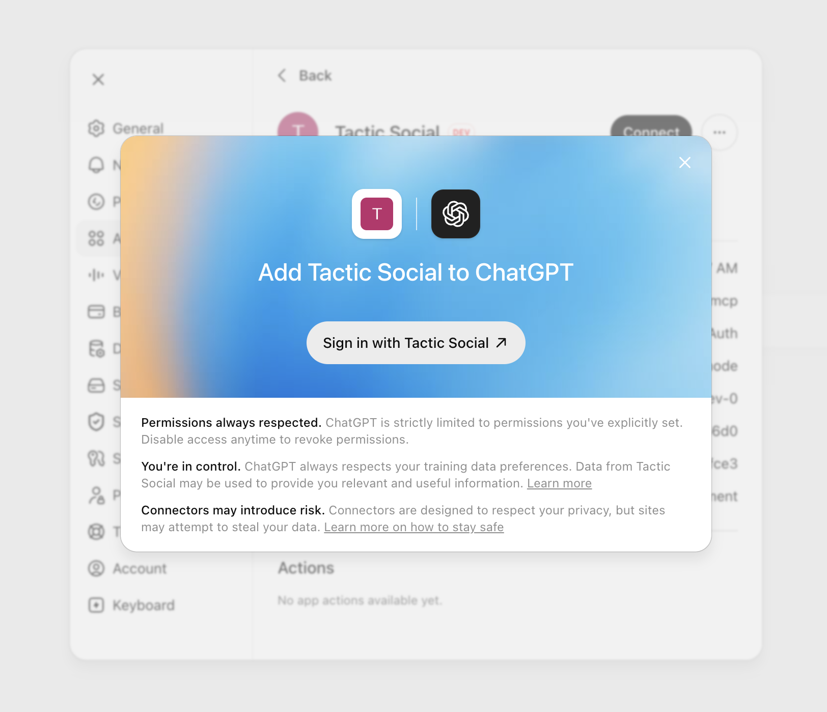 ChatGPT prompting you to sign in to Tactic Social