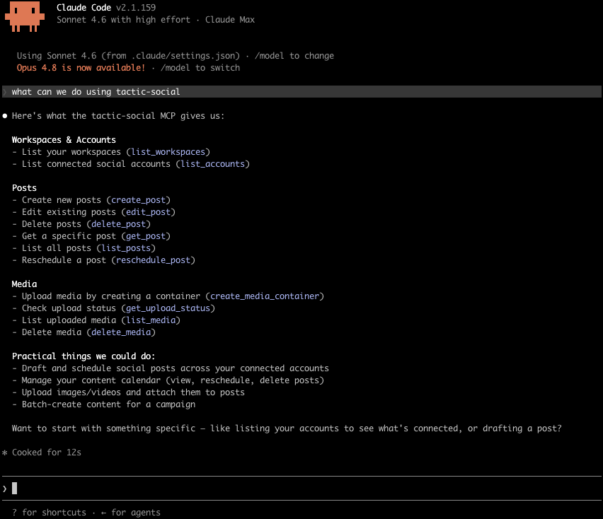 Claude Code session with Tactic Social MCP tools available