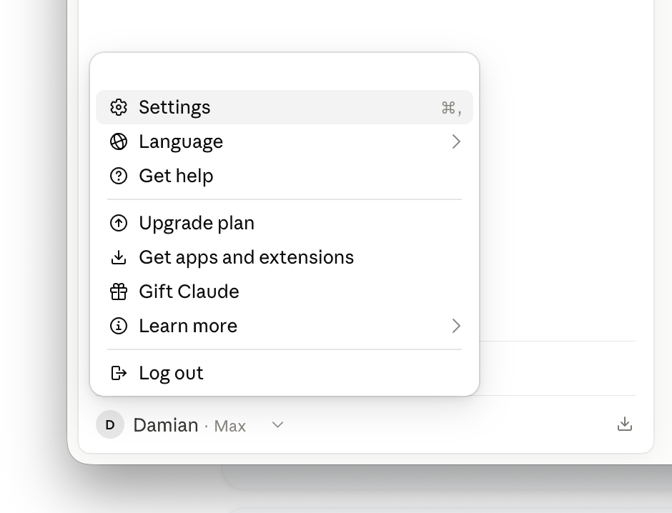Claude Desktop menu with Settings option highlighted