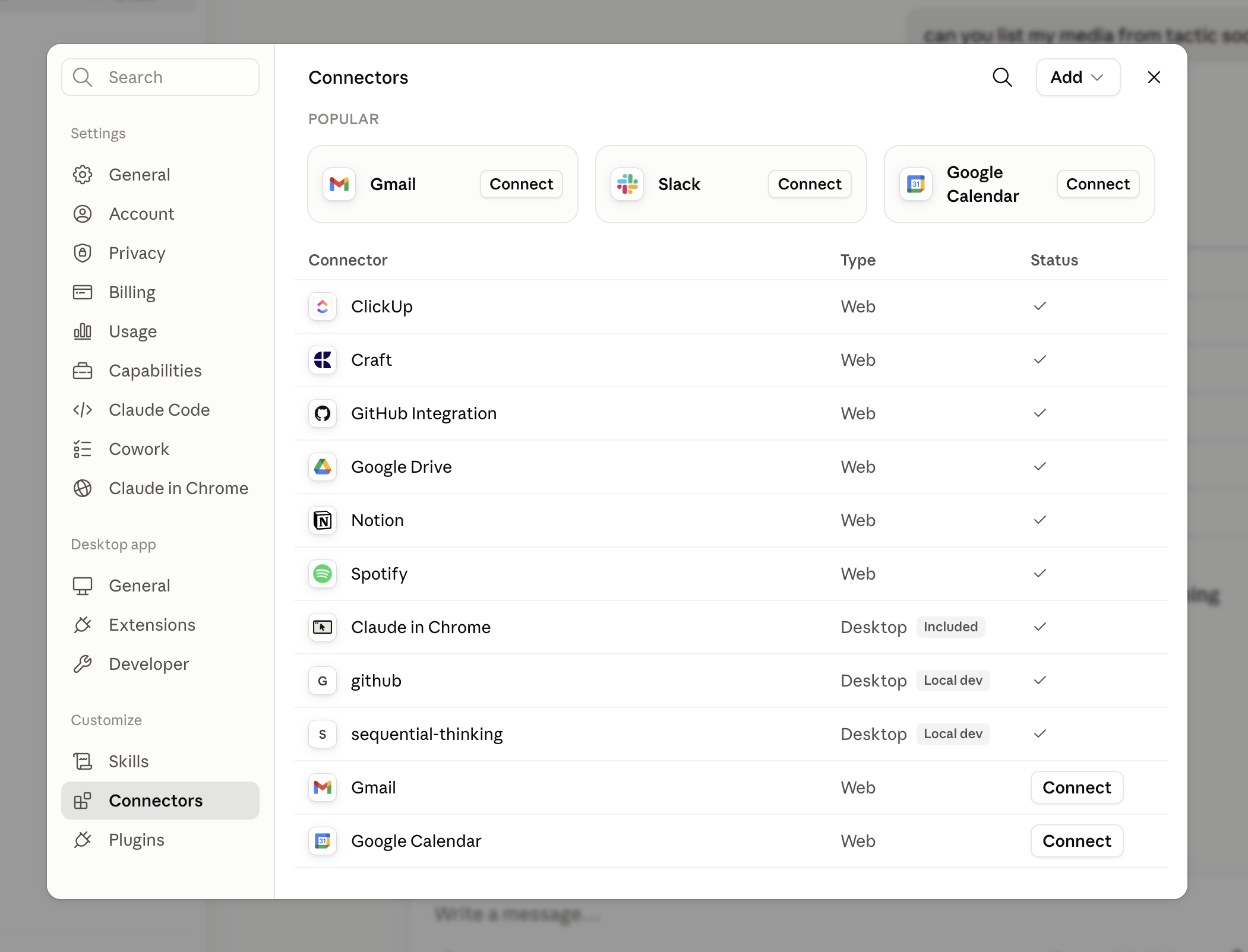 Claude Desktop Settings with Connectors tab selected