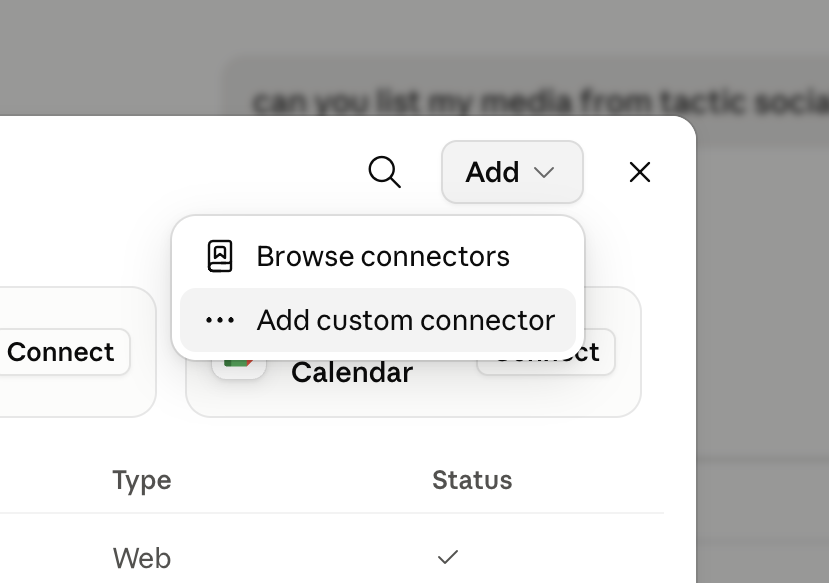 Claude Desktop Connectors page with Add connector button