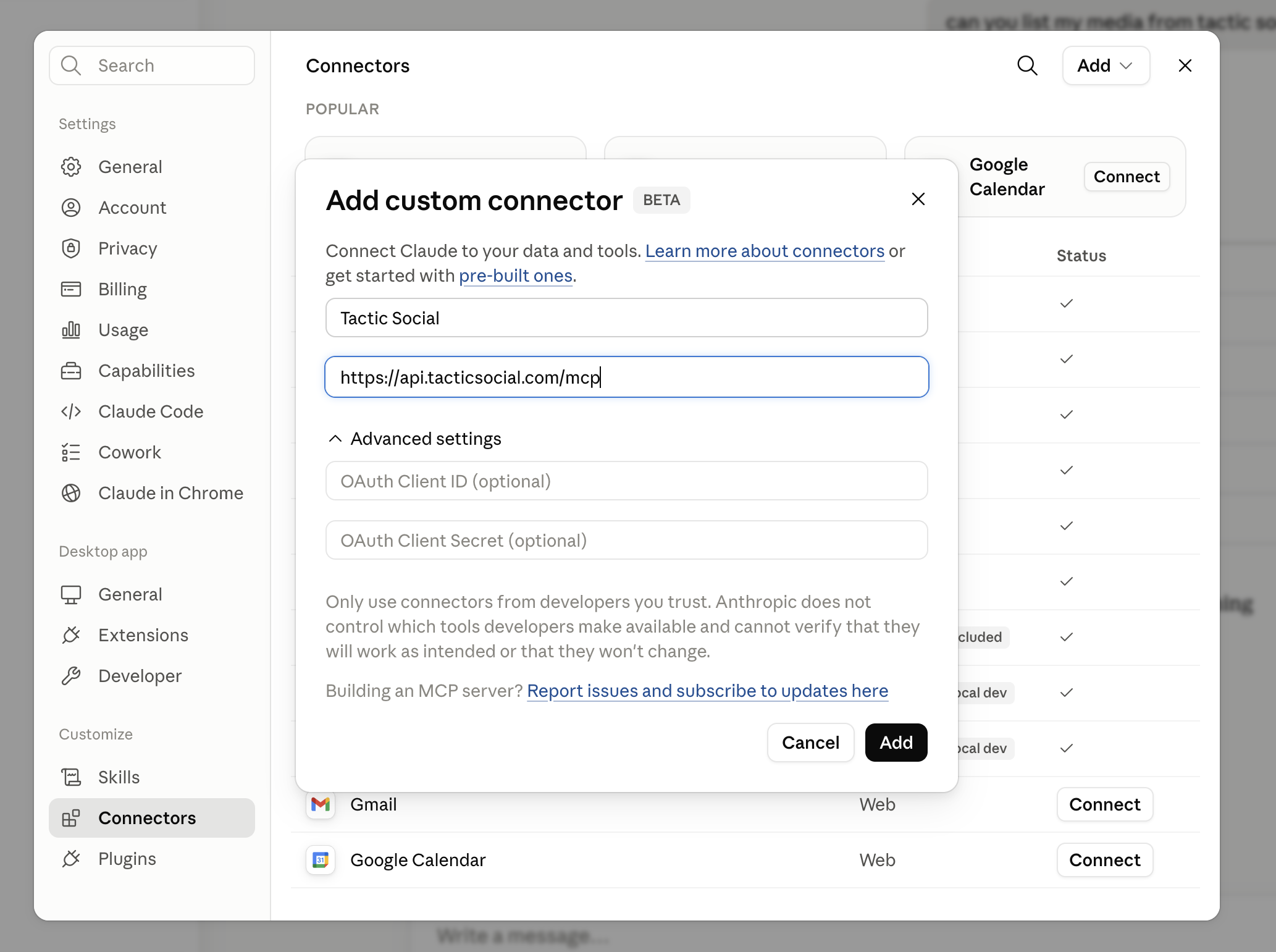 URL input dialog with Tactic Social MCP URL