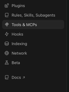 Cursor Settings panel with Tools & MCP section selected