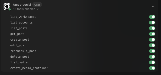 Cursor MCP settings showing Tactic Social connected