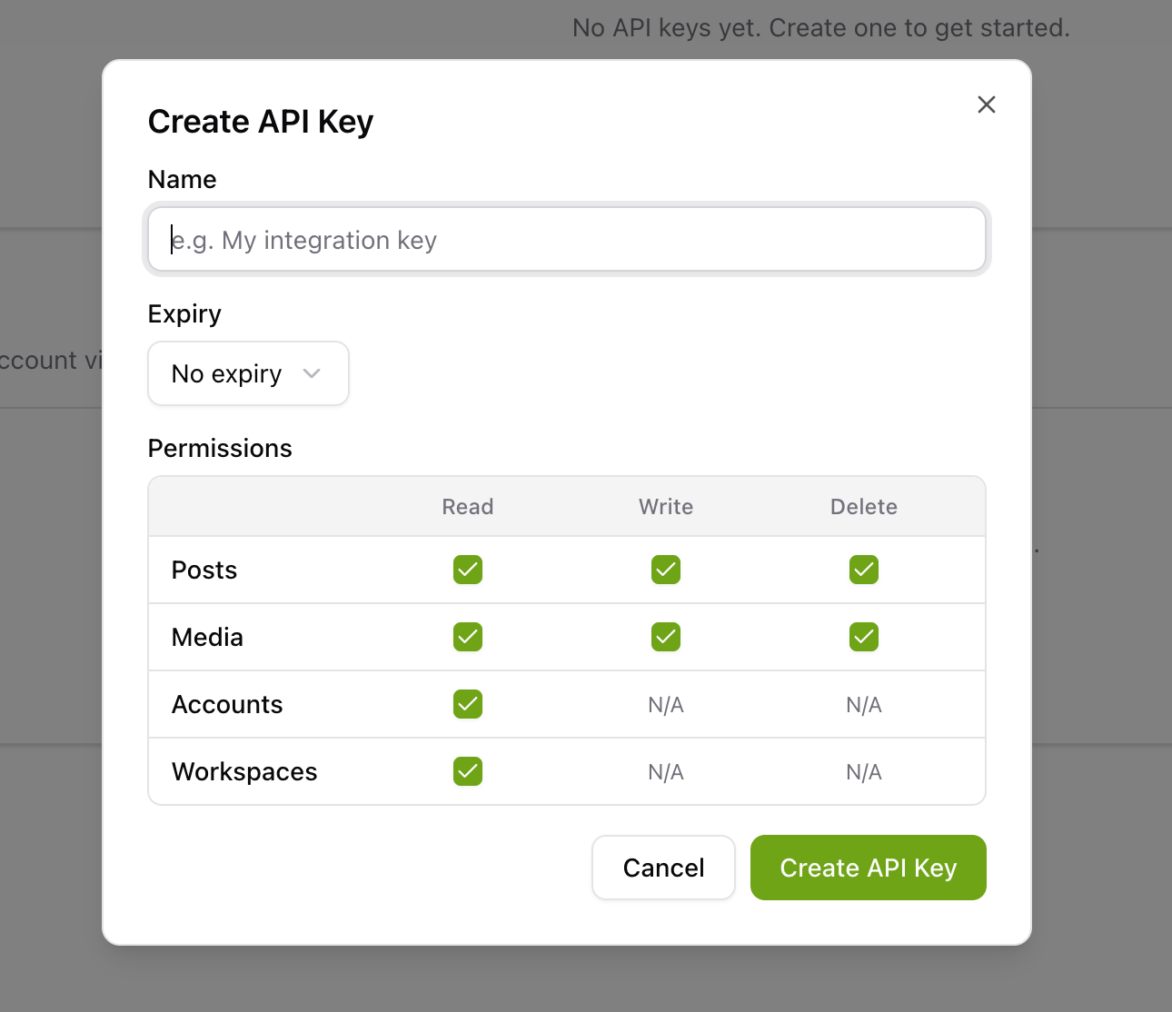 Tactic Social Create API Key dialog with name, expiry and permissions fields